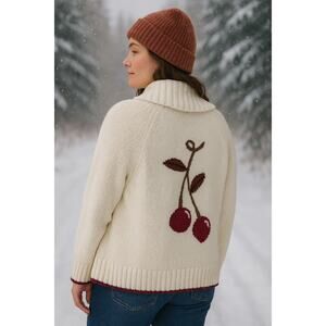 Maeve By Anthropologie SZ LP Cardigan Embroidered Cherries-Ivory- Shawl Collar